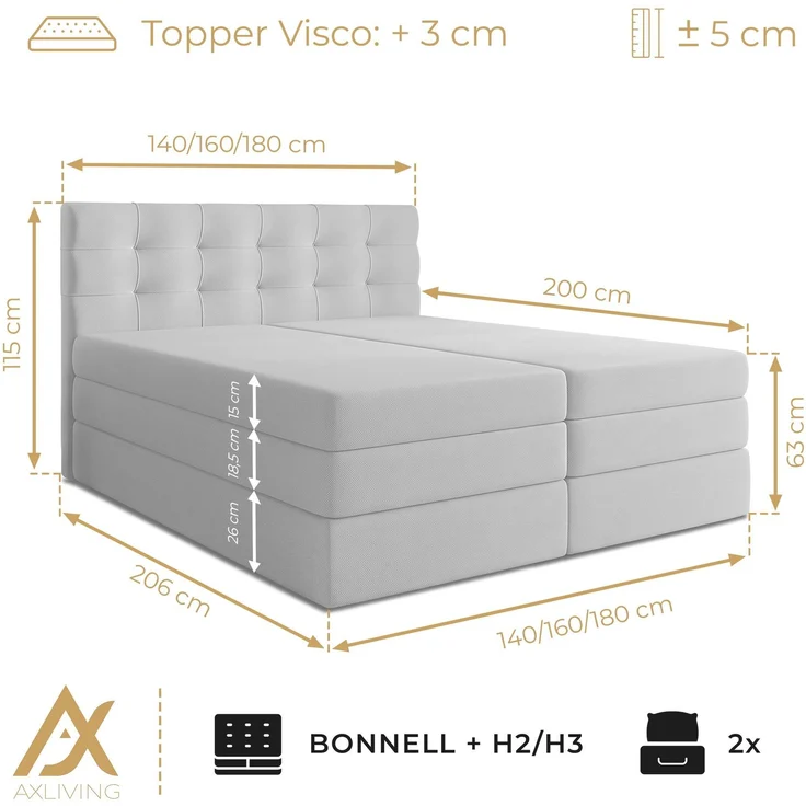 AX LIVING Finike Bett 160x200 cm mit Topper, Boxspring, Schwarz – Bild 7