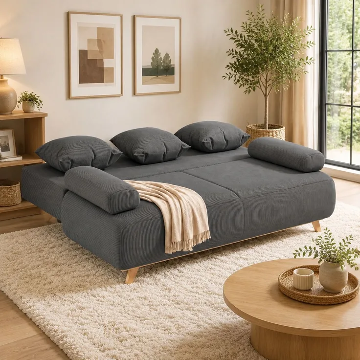 Schlafsofa mit Bettfunktion & Stauraum, Cordbezug, 188x100x84 cm, Grau