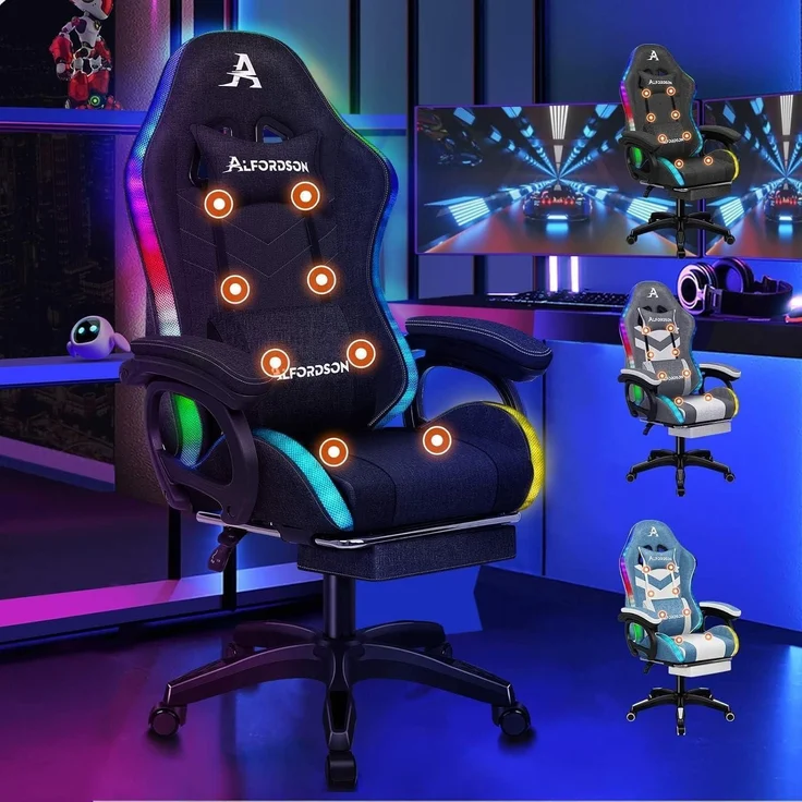 ALFORDSON Gaming Stuhl mit Massage RGB LED-Licht Ergonomisch Bürostuhl Schwarzes – Bild 1