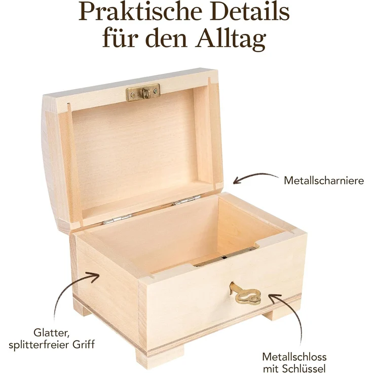 Creative Deco Holzkiste Schatztruhe mit Deckel, Schloss und Schlüssel, Abschließbare Holzbox für Gegenständen, Aufbewahrung und Dekoration – Bild 4