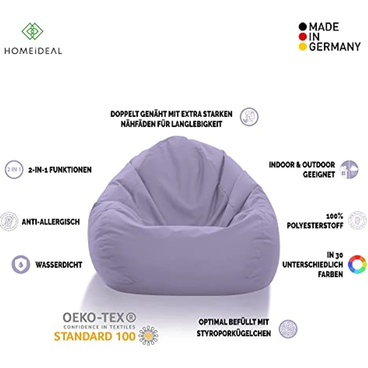 HomeIdeal - Sitzsack XXL Bodenkissen für Erwachsene & Kinder - Geeignet für Gaming oder Entspannen - Indoor wie Outdoor da er Wasserfest ist - mit EPS Perlen, Farbe:Flieder, Größe:XXL – Bild 3