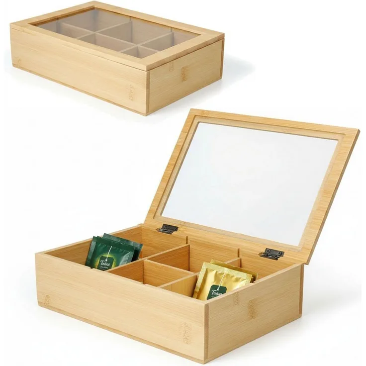 LS-LebenStil Teebox Holz Aufbewahrungsbox Teebox 6 Fächer mit Deckel Teekiste Schmuckkiste, Bambus, (Nachhaltiger Organizer - durchsichtiger Glasdeckel, 1-tlg, Holzkiste Schmuckkiste Schmuckkasten Schmuckkästchen Aufbewahrung), Aufbewahrung für Teebeut...