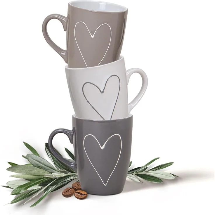 matches21 Große Tassen Becher Herzdekor Herzen grau beige weiß 36 Stk. Karton Keramik je 11 cm 250 ml