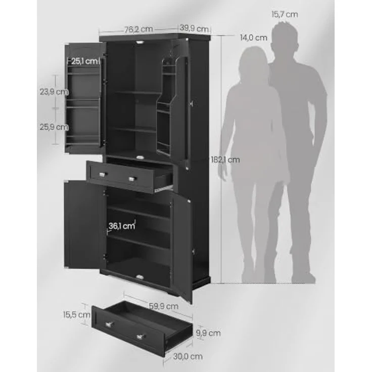 VASAGLE Küchenschrank, Schrank mit Schublade, Mehrzweckschrank freistehend, Ober- und Unterschrank, 4 verstellbare Ablagen, 6 Türfächer, Wohnzimmer Küche, 40 x 76 x 182,1 cm, tintenschwarz BBK561B01 – Bild 3