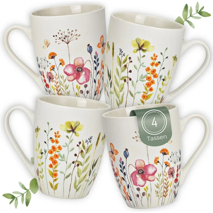matches21 HOME & HOBBY Tasse Kaffeetassen Blumen Dekor, 4er Set Kaffeetasse Weiß, 4-tlg, Porzellan, Frühstückstasse 275 ml mit Floralem Design – Bild 1