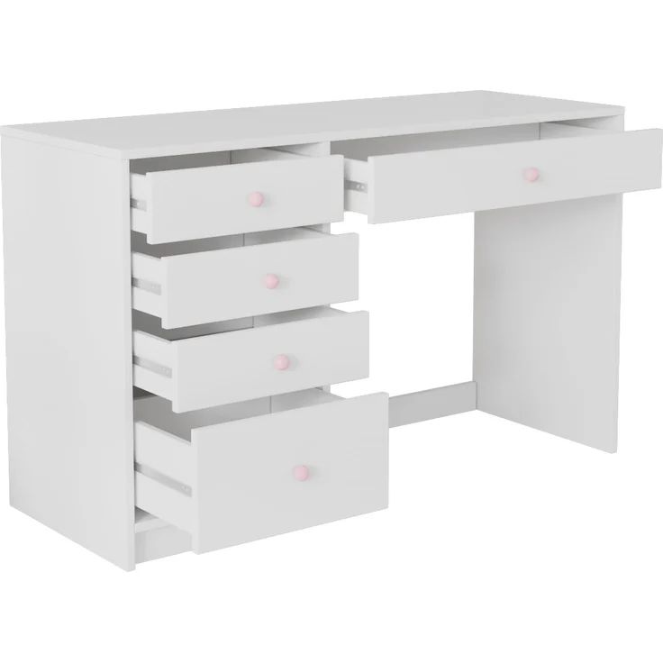 EINHOM Schreibtisch, Schlichter Kinderschreibtisch, Zeitloser Computertisch/Dressingtable, mit 5 Aufbewahrungsschubläden, Rosa Keramikgriffen, für jedes Alter geeignet, Weiß, 120 x 45 x 74 cm – Bild 6