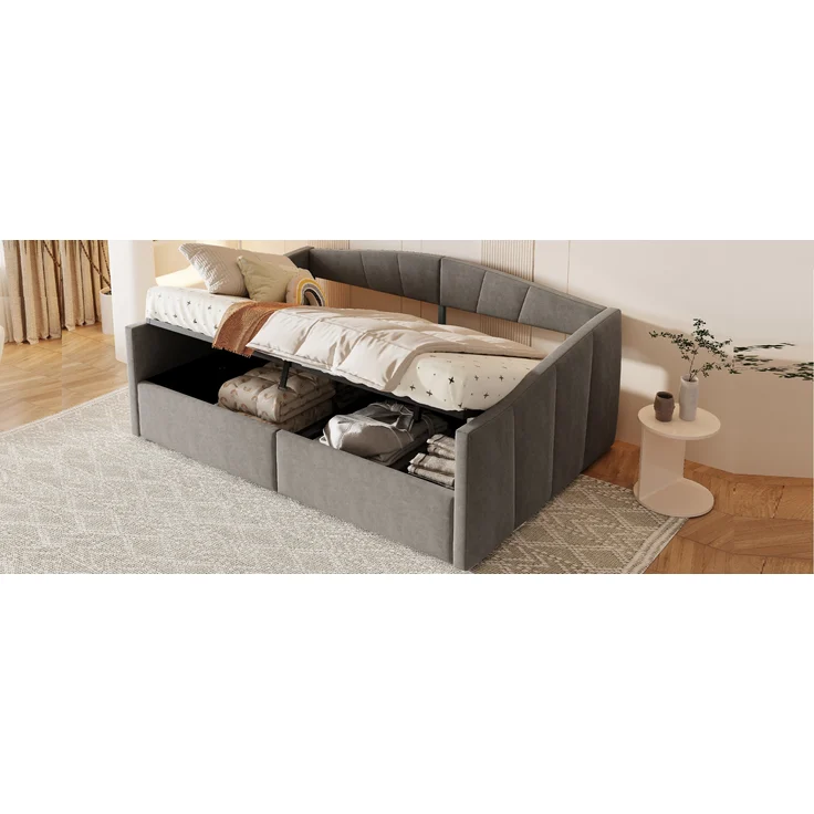 Polsterbett-Sofabett mit hydraulischem Stauraum, Lattenrost und Armlehnen, klassisches Streifendesign, vielseitiges Doppelbett, Samtstoff, 140×200 cm – Bild 7