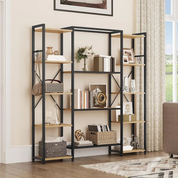 YITAHOME Standregal Bücherregal Mit 13 Regalen, Industrielles Regal Aus Holz Und Metallrahmen, Präsentationsregal Für Wohnzimmer, Heimbüro, Holzfarbe – Bild 2