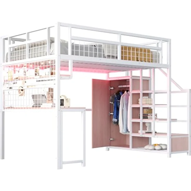 Ball & Cast Loft Bed (140x200 cm) mit Aufbewahrungsleiter und Einfachem Kleiderschrank, Metal Hochbett mit Tisch + Netzregal, Stabil & Rauschlos, Weiß – Bild 8