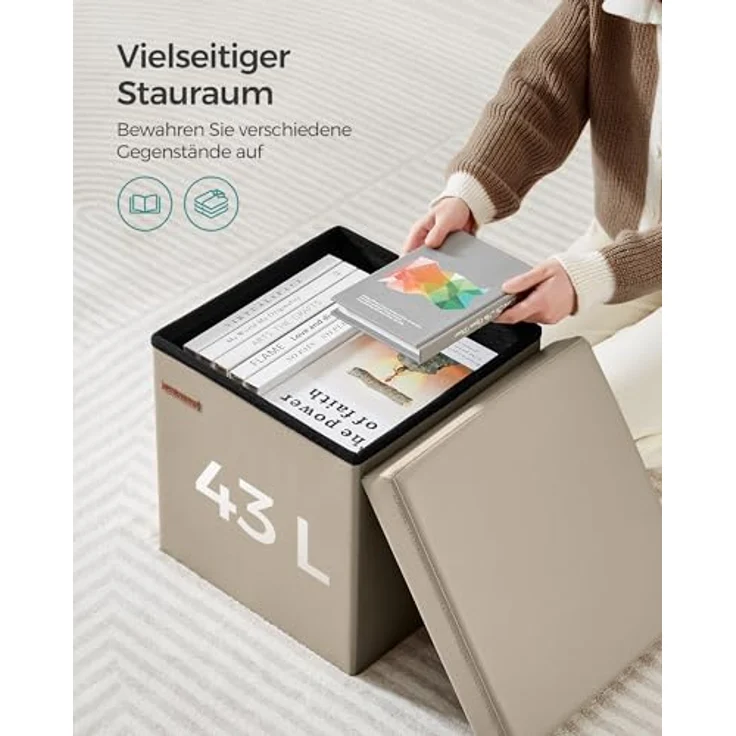 SONGMICS Sitzhocker 38 cm, Aufbewahrungsbox faltbar, Fußhocker mit Deckel, aus Kunstleder, bis 300 kg belastbar, für Eingang, Wohnzimmer, Schlafzimmer, Kamelbraun LSF010K03 – Bild 6
