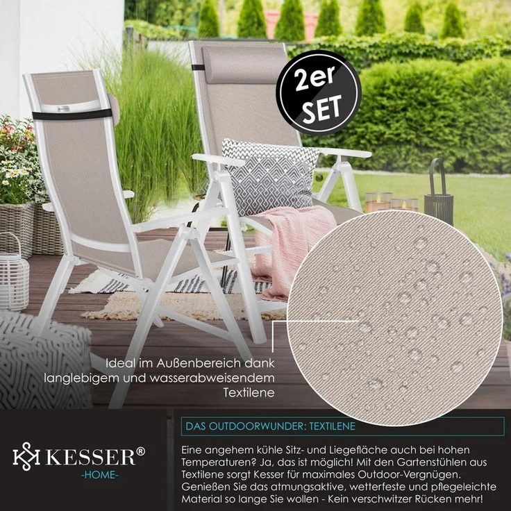KESSER® Gartenstuhl Hochlehner mit Armlehnen | Aluminium Klappstuhl inkl. Kopfkissen Campingstuhl 7-Fach Verstellbar Rückenlehne | Atmungsaktiv & Wetterfest | Klappbar & Anti-Rutsch 2 Stück, Taupe – Bild 2