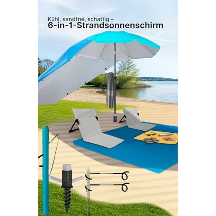 4smile Sonnenschirm 6er-Set in Türkis, Ø 180 cm, Sonnenschirm Strand, komfortable Strandliege, Schirmständer Erdspieß, Sonnensegel Strand, kompakte Stranddecke(1,5x2 m), Schirmhülle – Bild 3