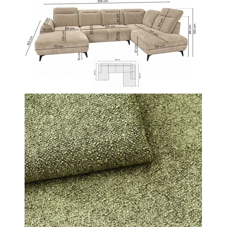 Wohnlandschaft Sofa U-Form ALETTE in Stoff Doha Hellgrün Lange Schenkel Links – Bild 6