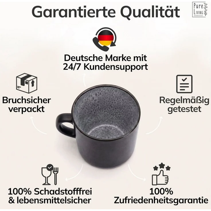 Steingut kleine Kaffeetassen 6 Pers. Ibiza Hochwertiges Mediterranes TEST SEHR GUT Tassen Set, Spülmaschinen-, Mikrowellen- und Kratzfest - Stylisches Tee- und Kaffeebecher Set - Pure Living in Grau – Bild 4