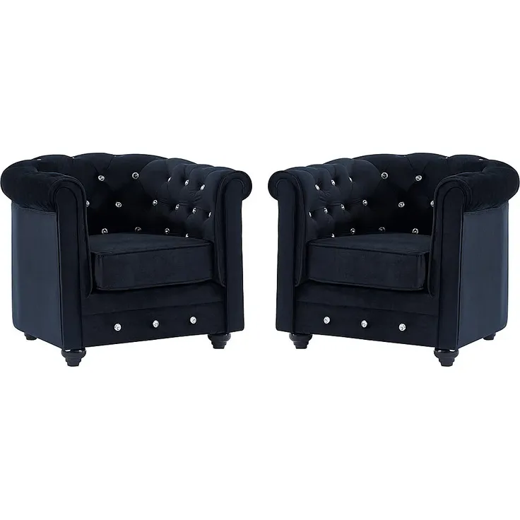 Vente-unique - Sessel 2er-Set - Samt - Schwarz mit Knöpfen in Kristalloptik - CHESTERFIELD