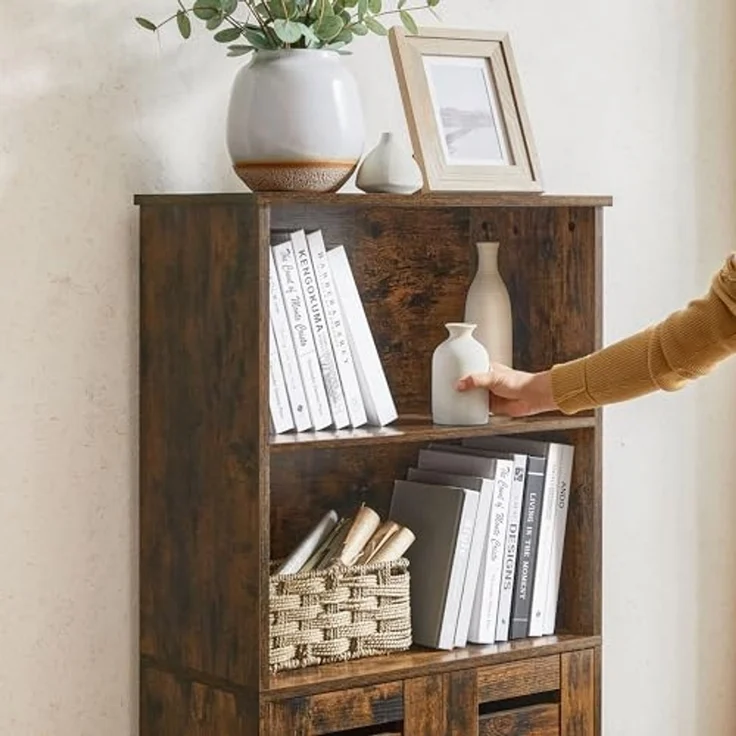 Vasagle Highboard, Bücherschrank mit Lamellentüren, 2 offene Fächer, Holz Braun, 60 x 30 x 125 cm – Bild 6