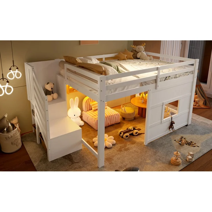 EINHOM 140 x 200 Cmhochbett mit Stauraumtreppe und Fenster, 140 x 200 cm, Weiß, (Ohne Matratze) – Bild 7