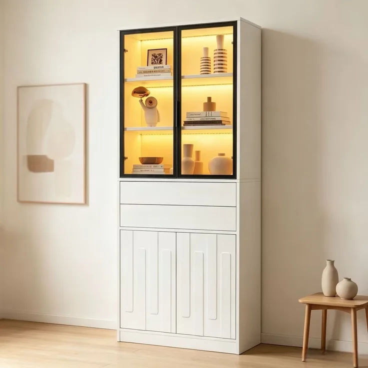 70×34×180cm LED Display Vitrine mit 2 Schubladen , Hochschrank mit Glasschranktüren, Hochschrank Glasvitrine mit LED ,Wohnzimmerschrank mit Glastüren, Küche, Arbeitszimmer, Eingangsbereich,Weiß--Weiß--70x34x180cm--YOUDENOVA – Bild 9