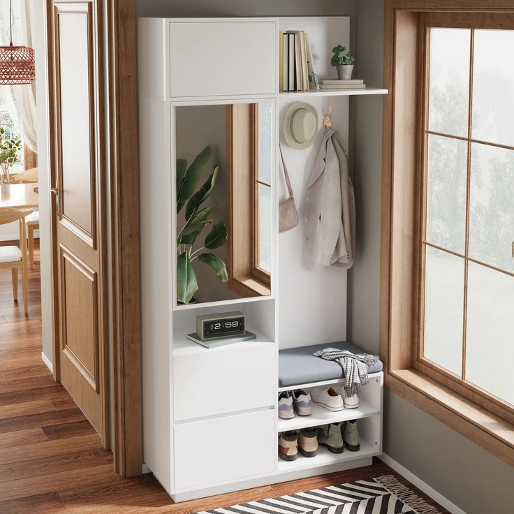 Kompaktgarderobe mit Spiegel und Sitzbank,Flurgarderobe mit Schuhschrank und Haken, Kleiderhaken,Kompaktgarderobe,Flurmöbel Set,Flurgarderobe – Bild 6