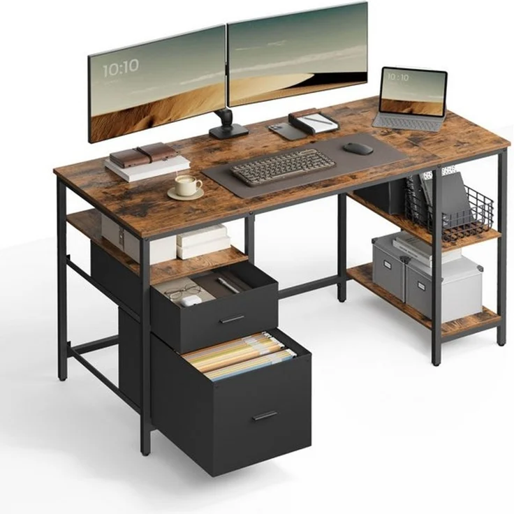 VASAGLE Computertisch, Bürotisch, Schreibtisch, mit 3 Ablagen, 2 Schubladen, 60 x 140 x 76 cm, fürs Büro, Wohnzimmer, Industrie-Stil, vintagebraun-schwarz – Bild 4