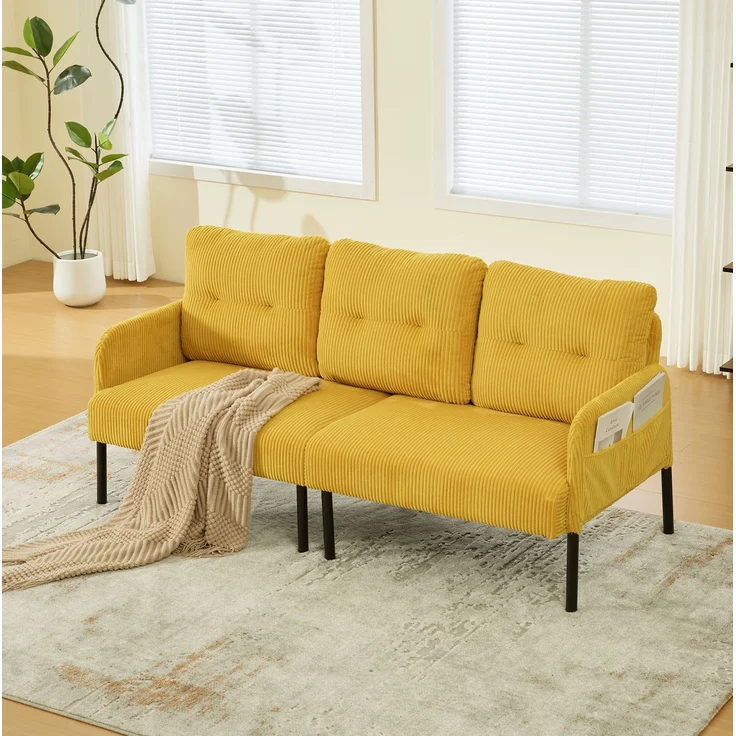 DESVIAE Sofa Dreisitzer mit Seitentasche 171x80x72 cm aus Cord Gelb – Bild 1