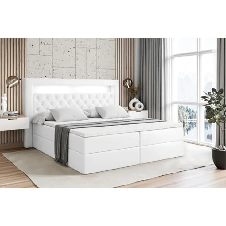ALTDECOR Boxbett, Weiß Hochglanz, 200x200 cm, mit LED Licht, zwei Bettkästen, 21 cm hoch, Härtegrad H4, inklusive Topper und abnehmbaren Bezug