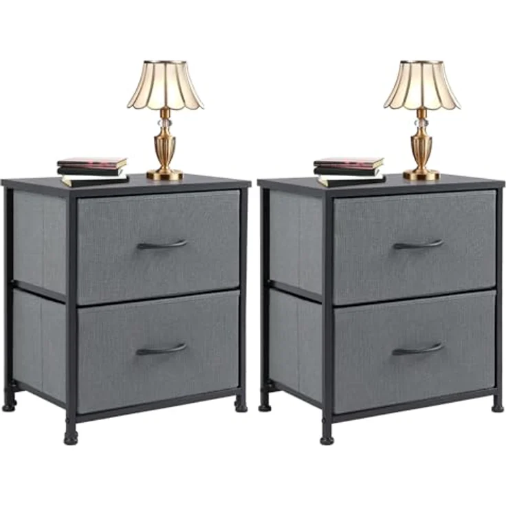 DUMOS Nachttisch 2er Set Beistelltisch Stoff Schubladenschrank Schmal Schrank Kommode Schlafzimmer Industrial Stil für Wohnzimme Kinderzimmer Flur Aufbewahrungsschrank – Bild 2