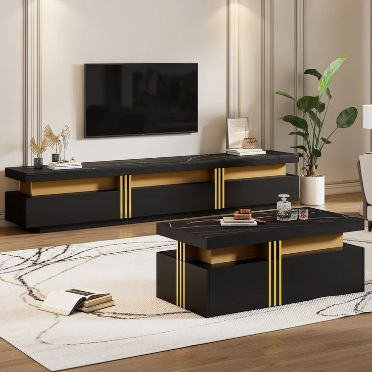 Wohnzimmermöbel Set 200x40x42 cm, mit Schubladen, mit Hochglanzoberfläche, Konstruktion aus Spanplatte, Schwarz – Bild 6
