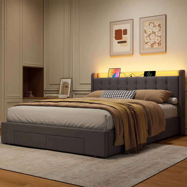 Polsterbett 160 x 200 cm, Samt, mit Bettkasten, Schubladen, USB-Anschluss und LED-Beleuchtung, Dunkelgrau – Bild 3