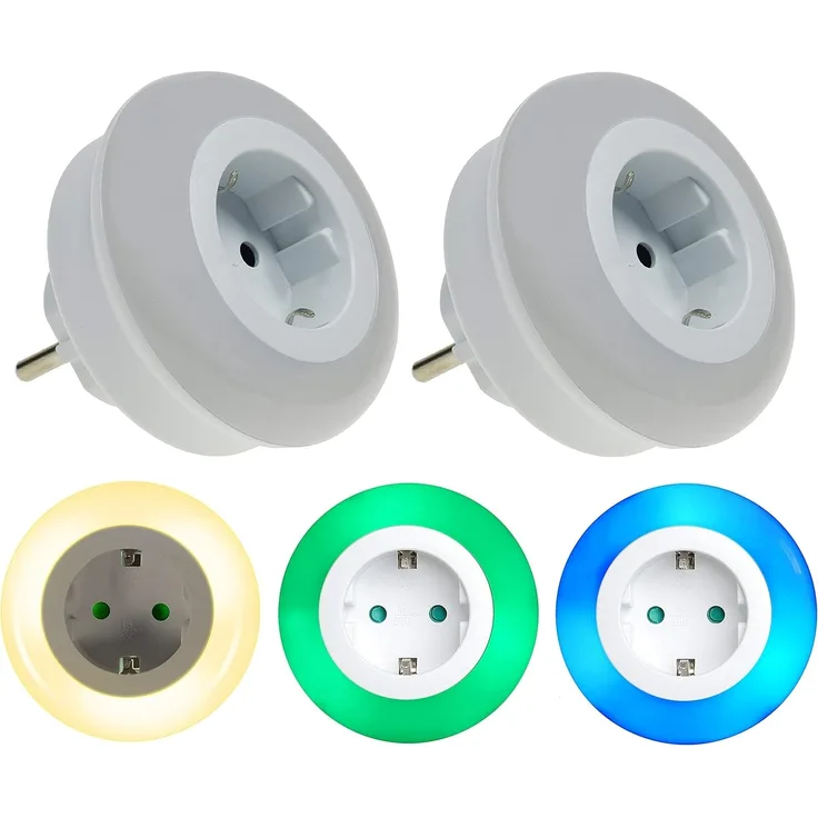 TRANGO LED Nachtlicht, Farbwechsel, 2er Set 11-253 LED Kindernachtlicht mit Steckdose *ALEX* Orientierungslicht, Nachtlampe incl. Helligkeits- Dämmerungssensor & Touchschalter, warmweiß, Blau, Grün, für drei LED Farbeinstellung warmweiß-blau-Grün Siche...