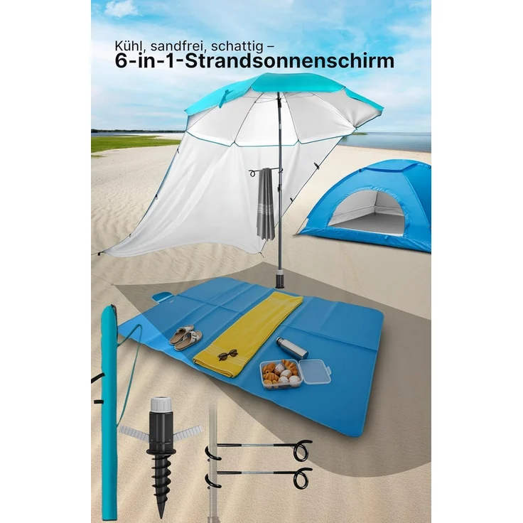 4smile Sonnenschirm 6er-Set in Türkis, Ø 200 cm, Sonnenschirm Strand, praktische Strandmuschel(2x1,5 m), Schirmständer Erdspieß, Sonnensegel Strand, leichte Stranddecke(2x2 m), Schirmhülle – Bild 2