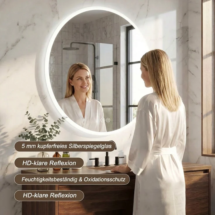 Abrihome LED-Badezimmerspiegel mit 3 Farbtemperaturen, Dimmfunktion und Anti-Beschlag-Funktion, Silber, Ø 80 cm – Bild 10