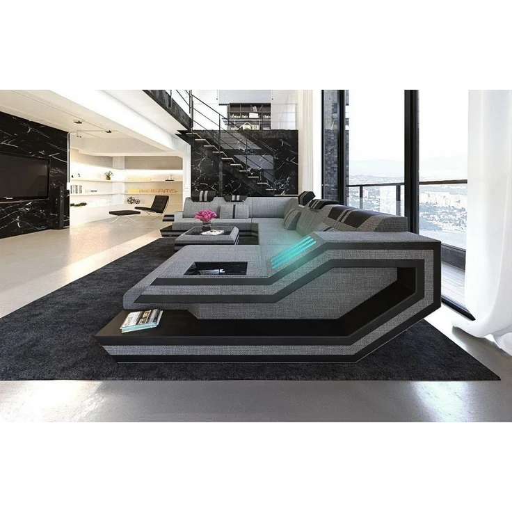Leder-Stoff-Mix Wohnlandschaft Ravenna XL LED - Strukturstoff - Grau-Schwarz - Rechts – Bild 3