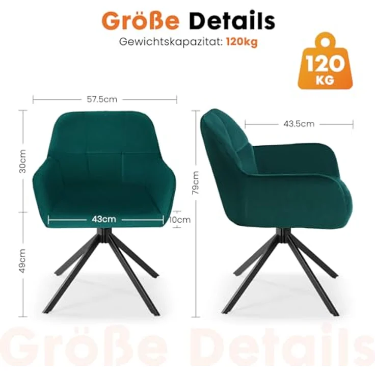 Sweetcrispy Esszimmerstuhl, 360° Drehstuhl Esszimmer, Küchenstuhl, Samt Schminktisch Stuhl, bis 120 kg belastbar, Sessel mit Armlehnen Stahlbeine, Schreibtischstuhl für Arbeitszimmer, Dunkelgrün – Bild 4
