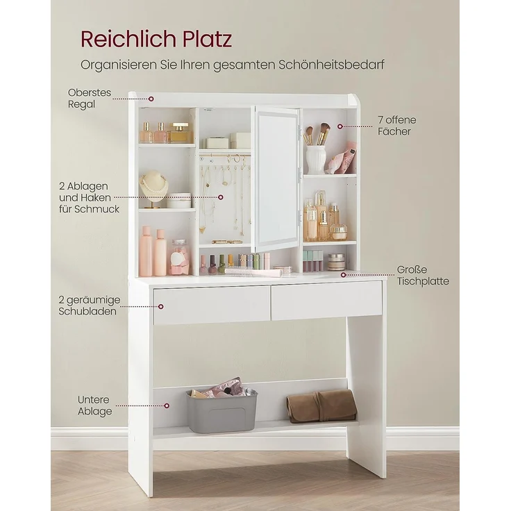 VASAGLE Schminktisch mit LED-Beleuchtung, 3 Farben mit Einstellbarer Helligkeit, Frisiertisch mit Spiegel für Make-up, Kosmetiktisch mit verstellbaren Ablagen, 2 Schubladen, modern, weiß – Bild 4