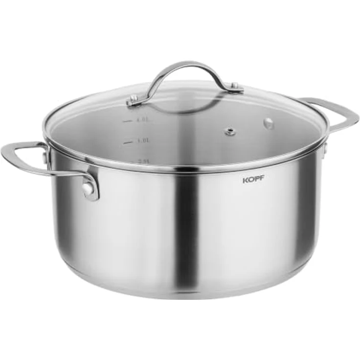 Kopf Topf-Set Clara, Edelstahl, 10-teilig mit 4 Kochtöpfen, Bratpfanne, Schmorpfanne, Stielkasserolle und 3 Glasdeckeln, für alle Herdarten inkl. Induktion, spülmaschinengeeignet und backofenfest – Bild 14