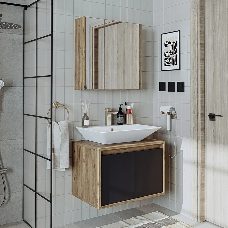 Roomart ATLANTIC-65 Badmöbel Set– 3-teiliges Badezimmermöbel Set - Unterschrank, Waschbecken & Spiegelschrank - H 45 x B 45 x T 65 cm • Anthrazit-Eiche