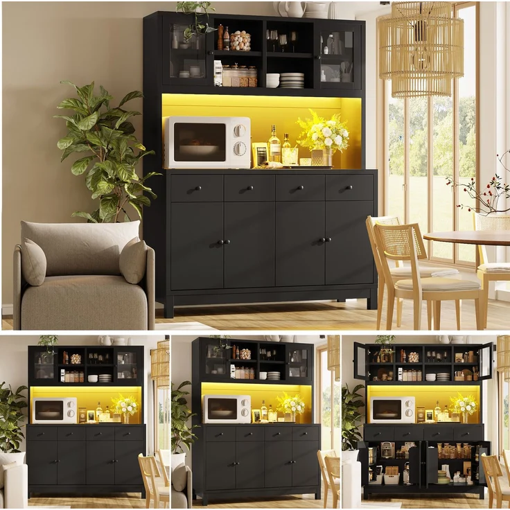 Hochbuffetschrank 140*38.5*180cm mit App-gesteuerter RGB-LED, Glastüren & 4 Schubladen, verstellbare Einlegeböden, belastbar bis 100kg, Schwarz – Bild 1