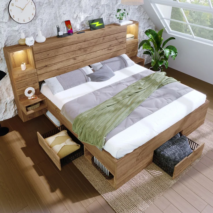 Holzbett Doppelbett 160×200cm Eichenoptik mit LED-Downlights, integrierter USB & Type-C Ladestation, beleuchtete Nische, schwebende Nachttische, Unterbett-Schubladen Stauraum, stabiler Metallrahmen ohne Matratze – Bild 4
