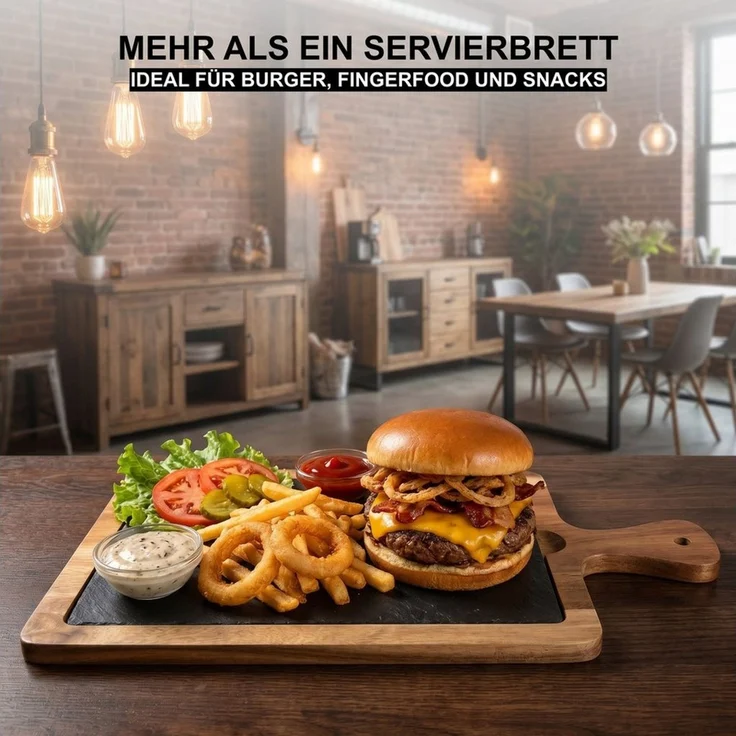 hausleben Servierplatte Servierbrett mit Griff 45x15 cm, (1-tlg), Akazienholz Servierbrett mit Schiefereinsatz – Bild 2