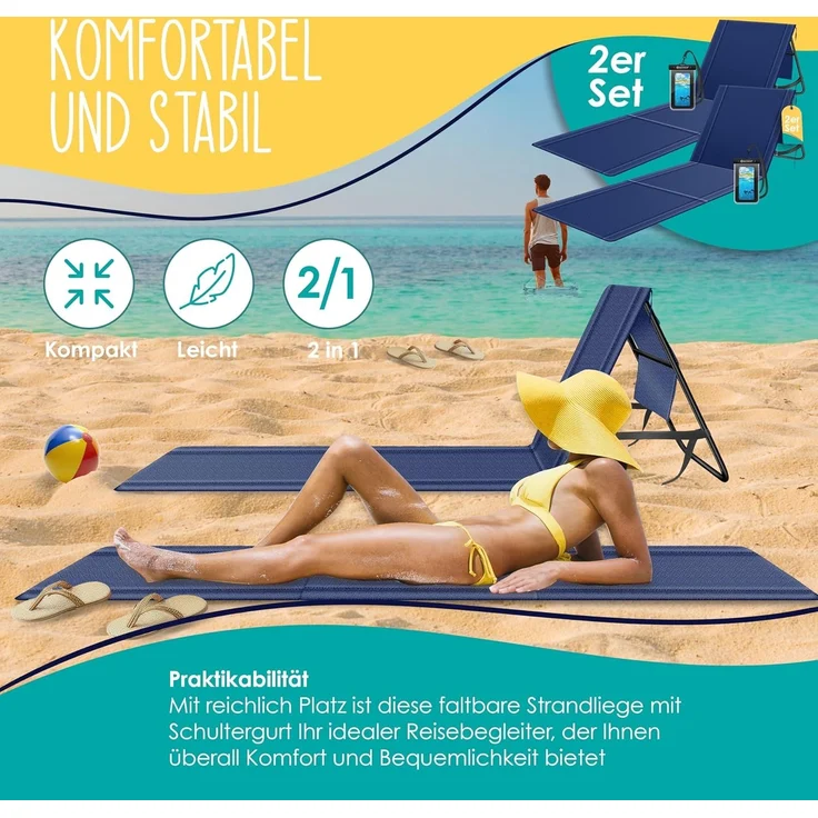 KESSER® 2er Set Strandmatte klappbar mit Verstellbarer Rückenlehne, Tragegurt, wasserdichter Tasche & Aufbewahrung – Faltbare Sonnenliege für Strand, Garten & Terrasse je 130 kg belastbar – Bild 3
