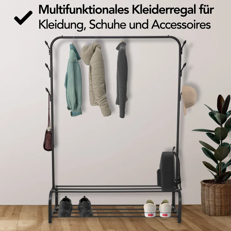 Brixy Garderobenständer - Garderobenständer - 102x34x152cm - Garderobenständer Mit Schuhregal - Industriell - Metall - Schwarz – Bild 5