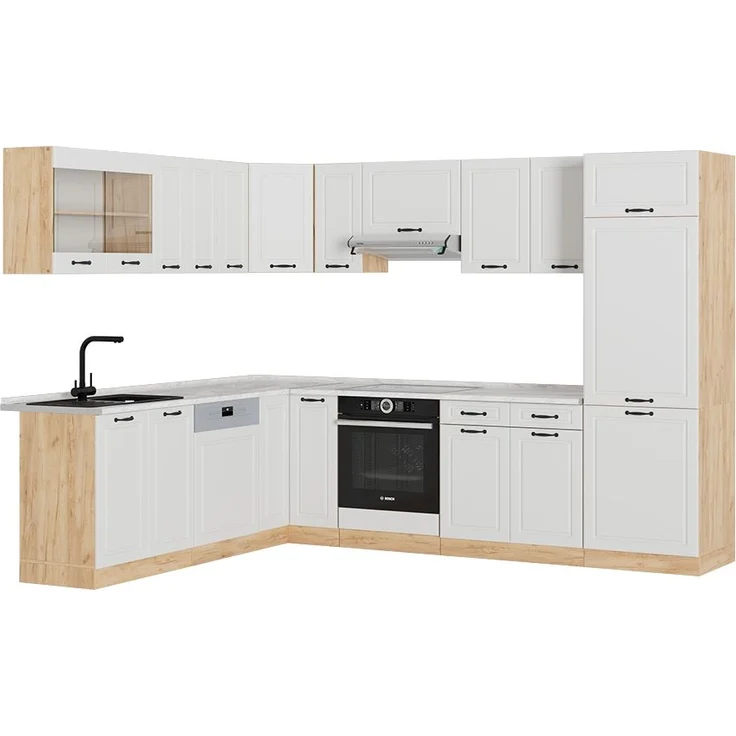 Eckküche R-Line Weiß Landhaus/Goldkraft Eiche 287 x 60 cm , AP Marmor Vicco – Bild 1