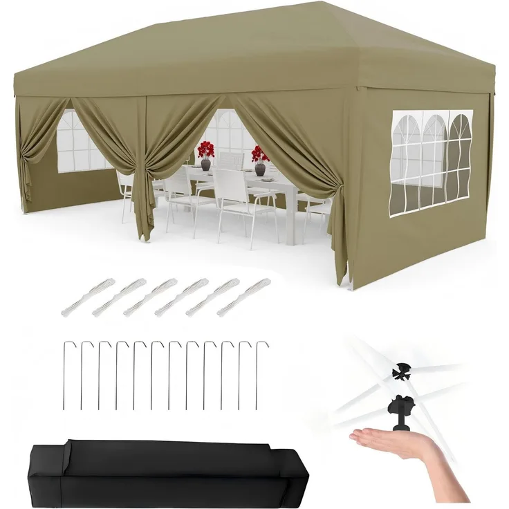 Faltpavillon 3x6 m wasserdicht stabil mit 6 Seitenwänden – Pop up Pavillon faltbar aus 420D Oxford, UV-Schutz 50+, 3-Fach höhenverstellbar, Partyzelt mit Tragetasche für Garten & Outdoor Khaki