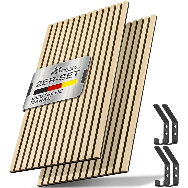 TRESKO® 2 Stück Akustikpaneele Holz 120×60 cm inkl. 4x Kleiderhaken | Wandverkleidung Eiche Hell als 3D Lamellenwand | Holzpaneele Paneele für Schallschutz | Akustik Wandpaneele mit Montageset – Bild 1