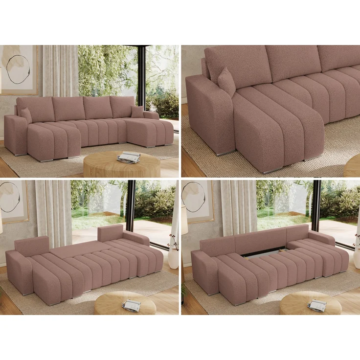 U-förmiges Ecksofa mit Schlaffunktion und Bettkasten, Couch U-form - KIRASSO U - Rosa Boucle – Bild 2