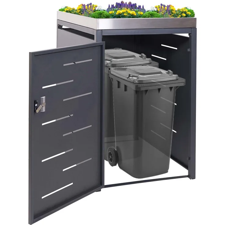 XL 1er-/2er-Mülltonnenverkleidung HWC-H40, Mülltonnenbox, Pflanzkasten Edelstahl-Metall 40kg 125x75x102cm erweiterbar