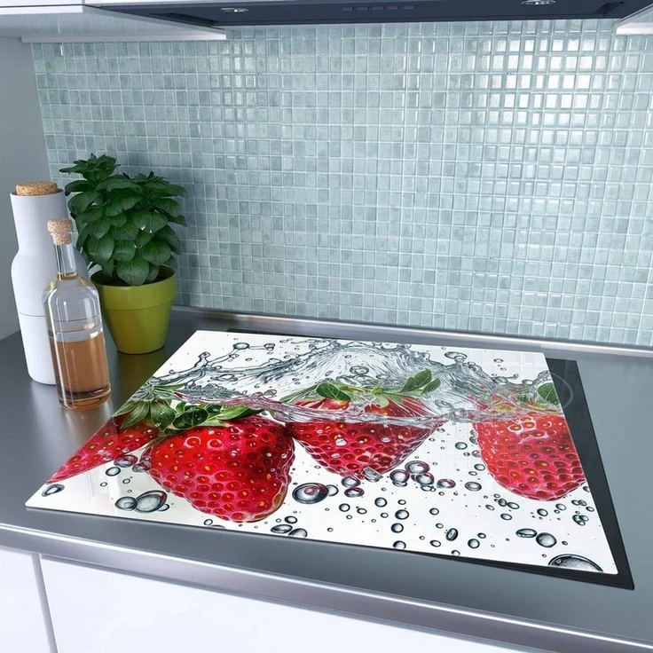 Primedeco Herd-Abdeckplatte Herdabdeckplatte Spritzschutz aus Glas Erdbeeren im Wasser, Glas, (1 tlg) – Bild 2