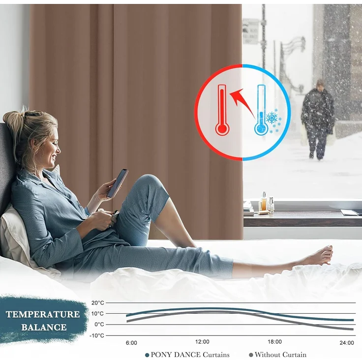 PONY DANCE Gardinen mit Kräuselband für Schiene 2er Set Extra Breite Vorhänge Blickdicht H 228 x B 228 cm Thermogardine gegen Hitze Verdunklungsvorhänge Kinderzimmer, Cappuccino – Bild 3
