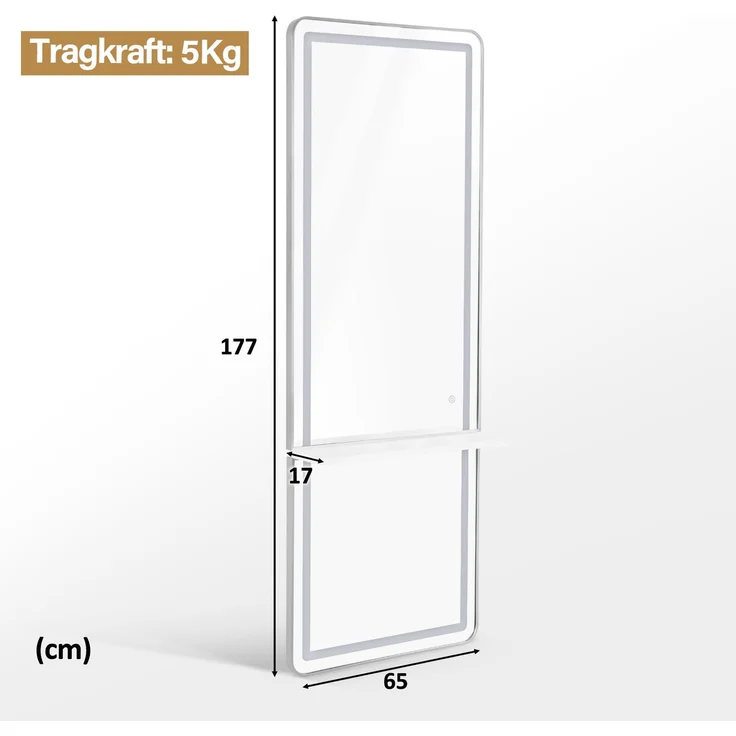 BarberPub Wandspiegel mit Beleuchtung, Ganzkörperspiegel mit Aluminiumrahmen, Großer Spiegel mit Ablage, Touch-Schalter, 3 Lichtfarben Dimmbar, für Friseursalon, 17x65x177 cm, J6271 (Weiß-Silber) – Bild 3